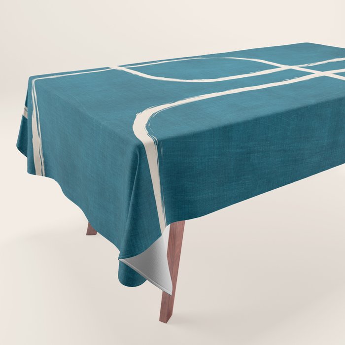 Dark Teal White Lines Geometric Minimalist Art Tablecloth Gallery Image 1