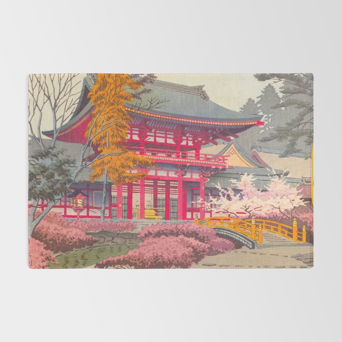 Japanese Woodblock Print Vintage Bright East Asian Red Pagoda Spring Garden Rug Gallery Image 2