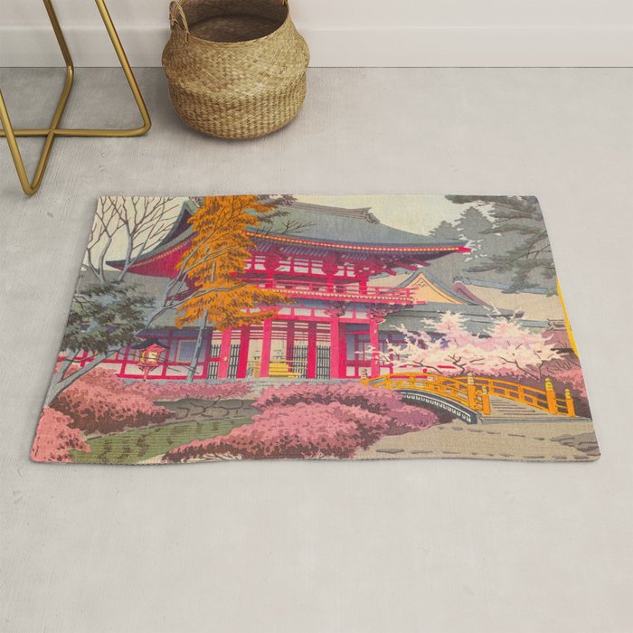 Japanese Woodblock Print Vintage Bright East Asian Red Pagoda Spring Garden Rug Gallery Image 1