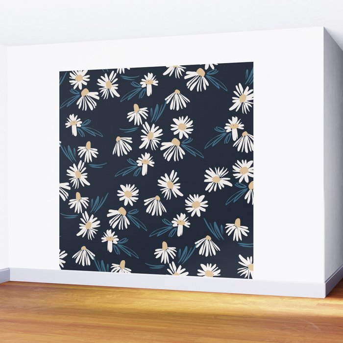 Daisy Florals on Navy Wall Mural Gallery Image 2