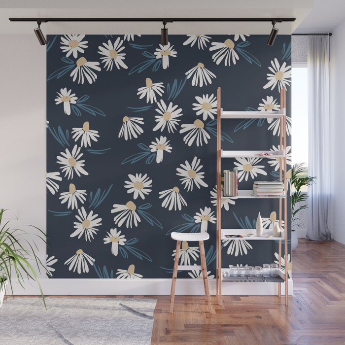 Daisy Florals on Navy Wall Mural Gallery Image 1