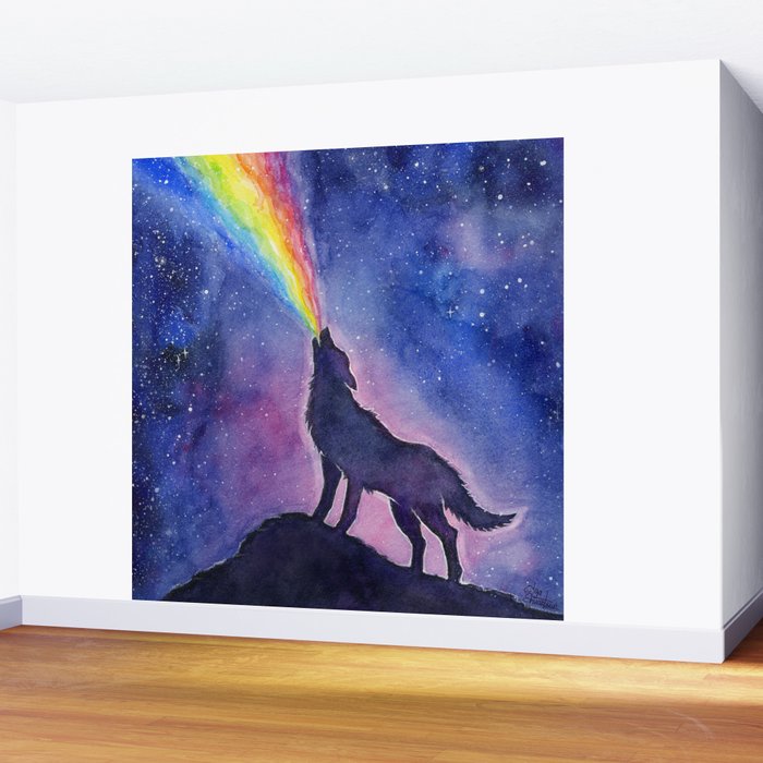 Galaxy Wolf Howling Rainbow Wall Mural Gallery Image 2