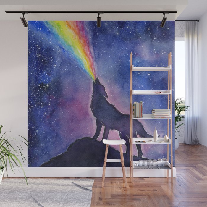 Galaxy Wolf Howling Rainbow Wall Mural Gallery Image 1