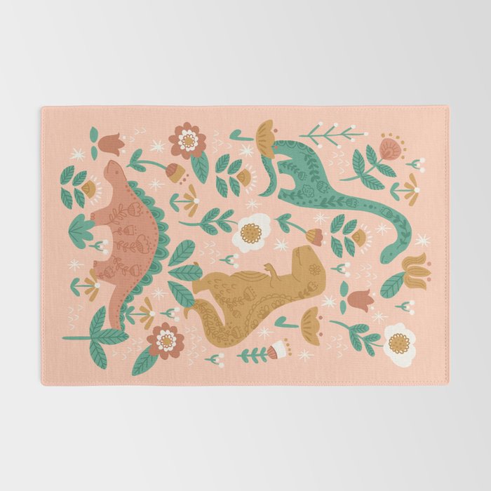 Folk Floral Dinosaurs in Pink Rug Gallery Image 2
