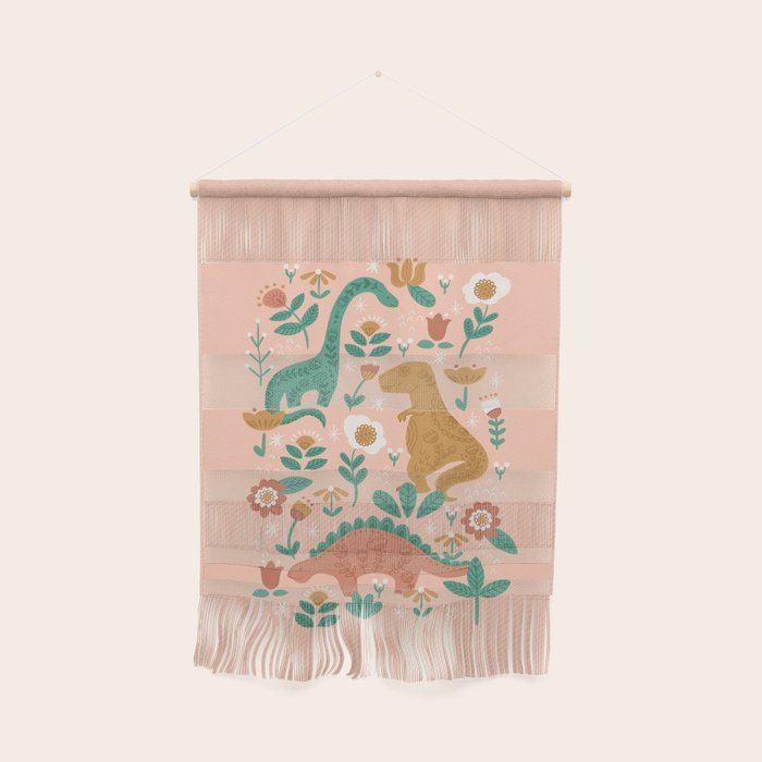 Folk Floral Dinosaurs in Pink Wall Hanging Gallery Image 1