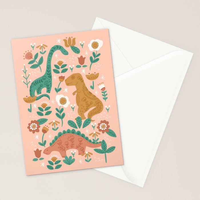 Folk Floral Dinosaurs in Pink Stationery Card Gallery Image 2