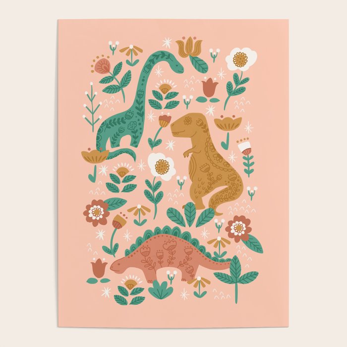 Folk Floral Dinosaurs in Pink Poster Gallery Image 1
