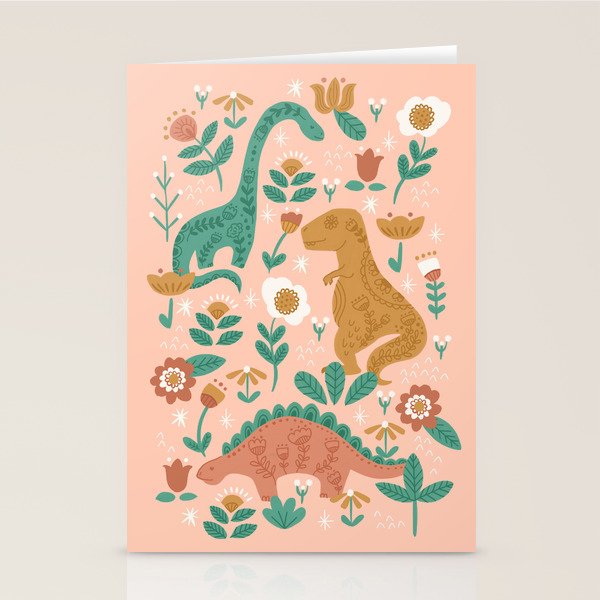 Folk Floral Dinosaurs in Pink Stationery Card Gallery Image 2