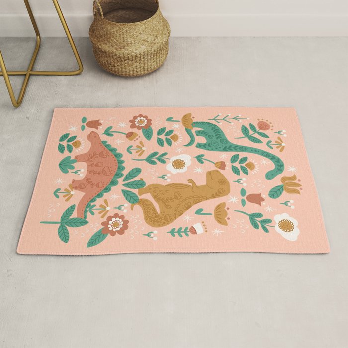 Folk Floral Dinosaurs in Pink Rug Gallery Image 1