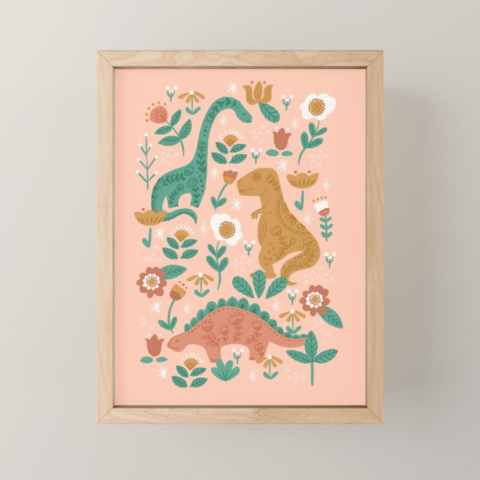 Folk Floral Dinosaurs in Pink Mini Art Print Gallery Image 1