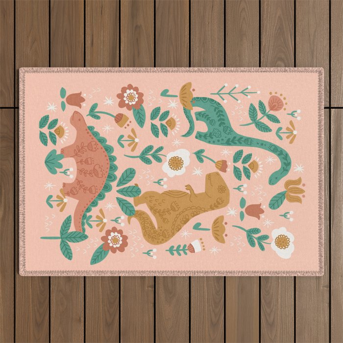 Folk Floral Dinosaurs in Pink Outdoor Rug Gallery Image 1