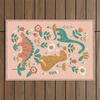 Folk Floral Dinosaurs in Pink Outdoor Rug Gallery Image 1