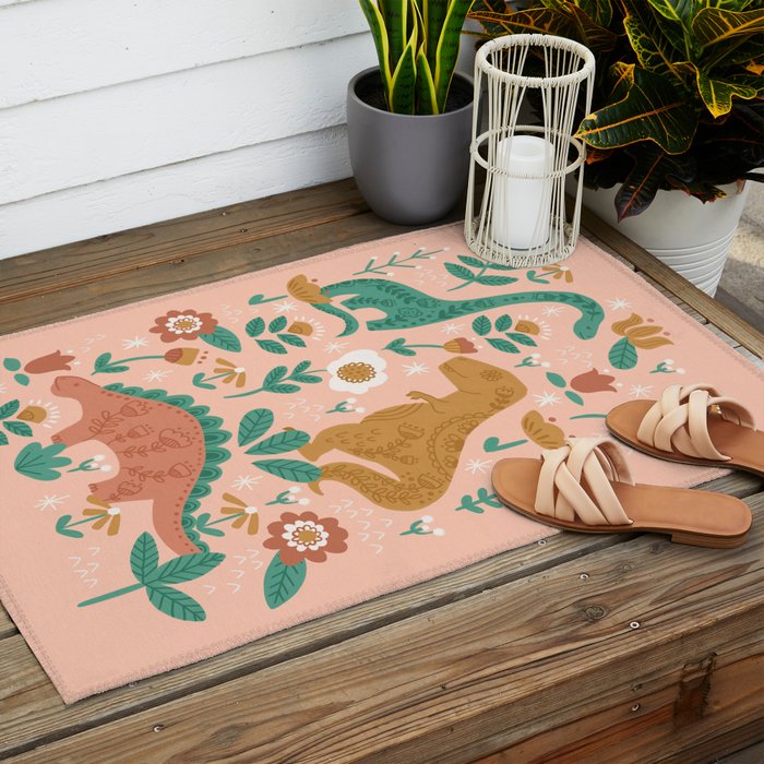Folk Floral Dinosaurs in Pink Outdoor Rug Gallery Image 2