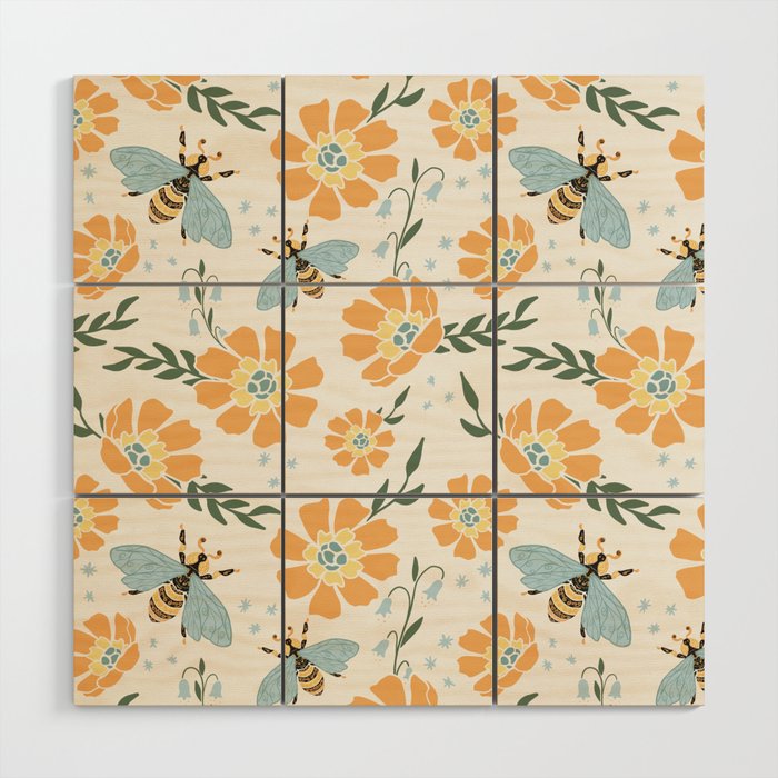 Honey Bees and Orange Flowers Wood Wall Art Gallery Image 1