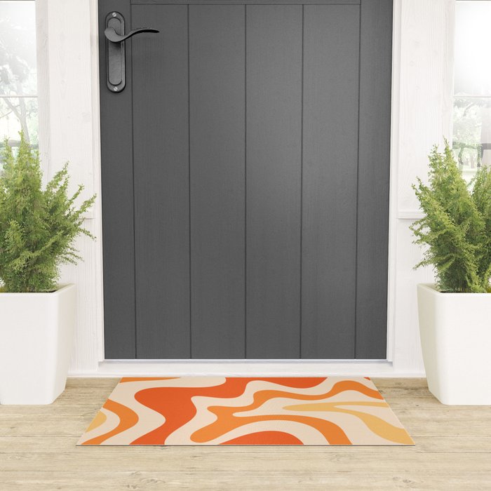 Retro Liquid Swirl Abstract Pattern Square Tangerine Orange Tones Welcome Mat Gallery Image 3