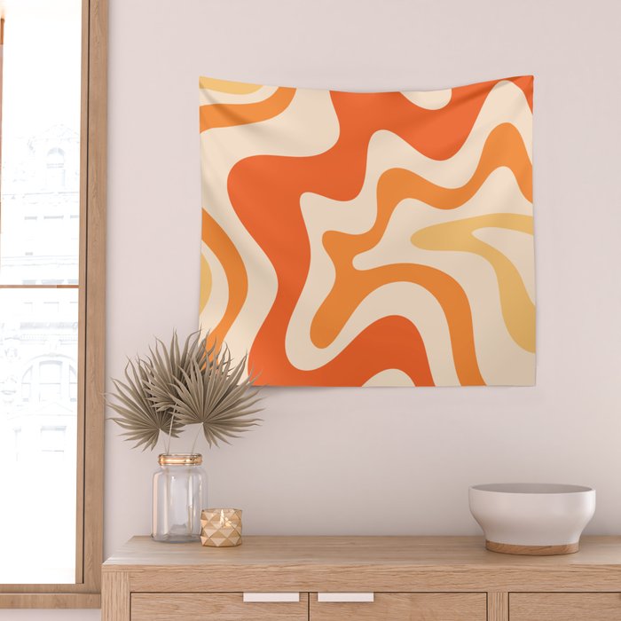 Retro Liquid Swirl Abstract Pattern Square Tangerine Orange Tones Wall Tapestry Gallery Image 2