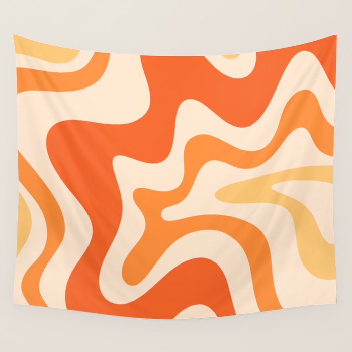 Retro Liquid Swirl Abstract Pattern Square Tangerine Orange Tones Wall Tapestry Gallery Image 1