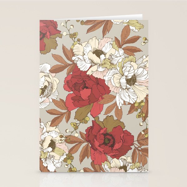 pattern lush red, beige and white peonies Stationery Card Gallery Image 2