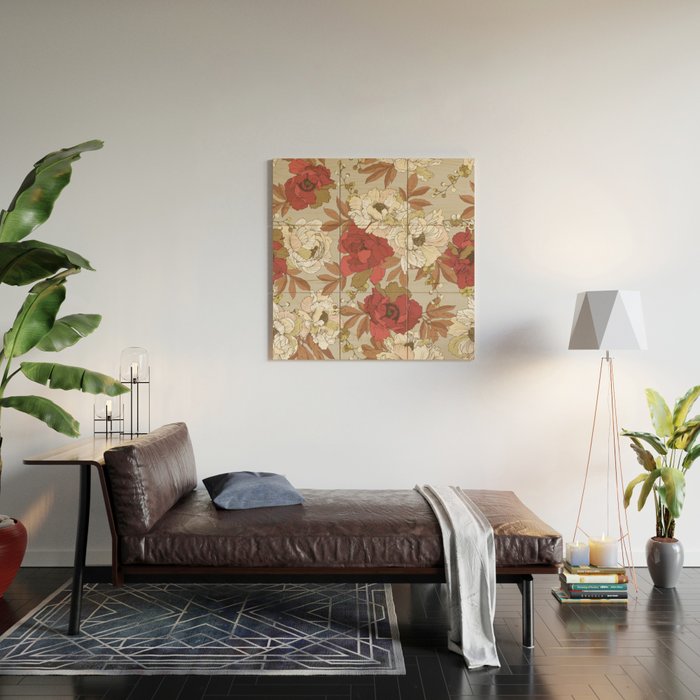 pattern lush red, beige and white peonies Wood Wall Art Gallery Image 2