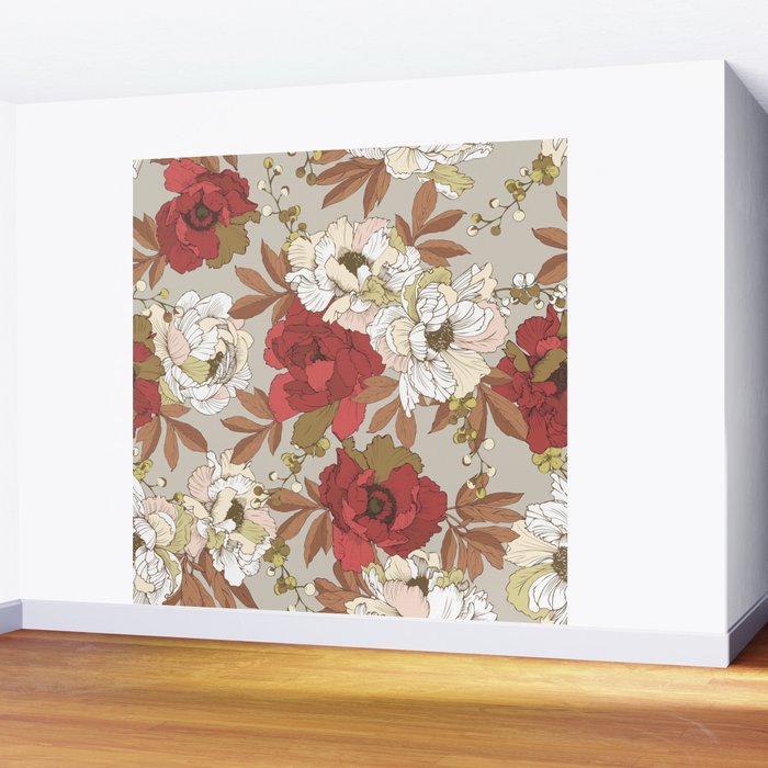 pattern lush red, beige and white peonies Wall Mural Gallery Image 2
