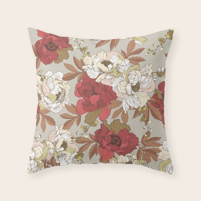 pattern lush red, beige and white peonies Throw Pillow Gallery Image 1