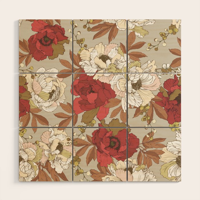 pattern lush red, beige and white peonies Wood Wall Art Gallery Image 1