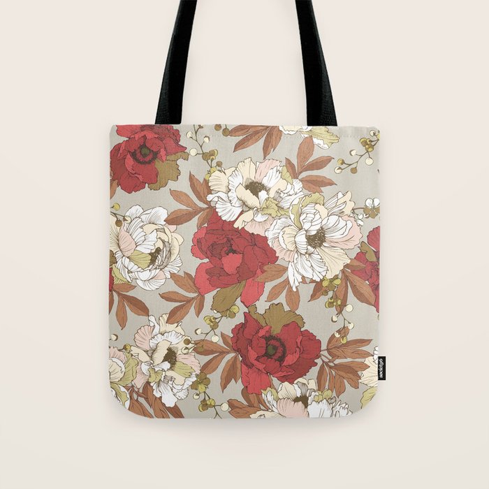 pattern lush red, beige and white peonies Tote Bag Gallery Image 1