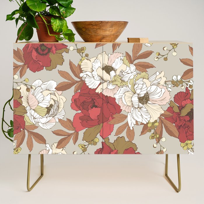 pattern lush red, beige and white peonies Credenza Gallery Image 1