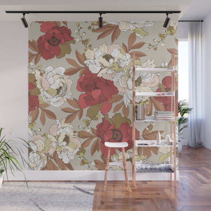 pattern lush red, beige and white peonies Wall Mural Gallery Image 1
