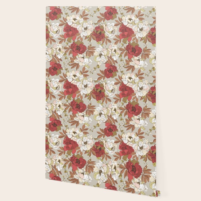 pattern lush red, beige and white peonies Wallpaper Gallery Image 2