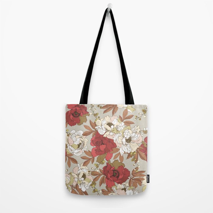 pattern lush red, beige and white peonies Tote Bag Gallery Image 2