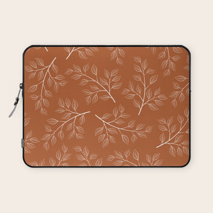 Delicate White Leaves and Branch on a Rust Orange Background Laptop Sleeve Gallery Image 1