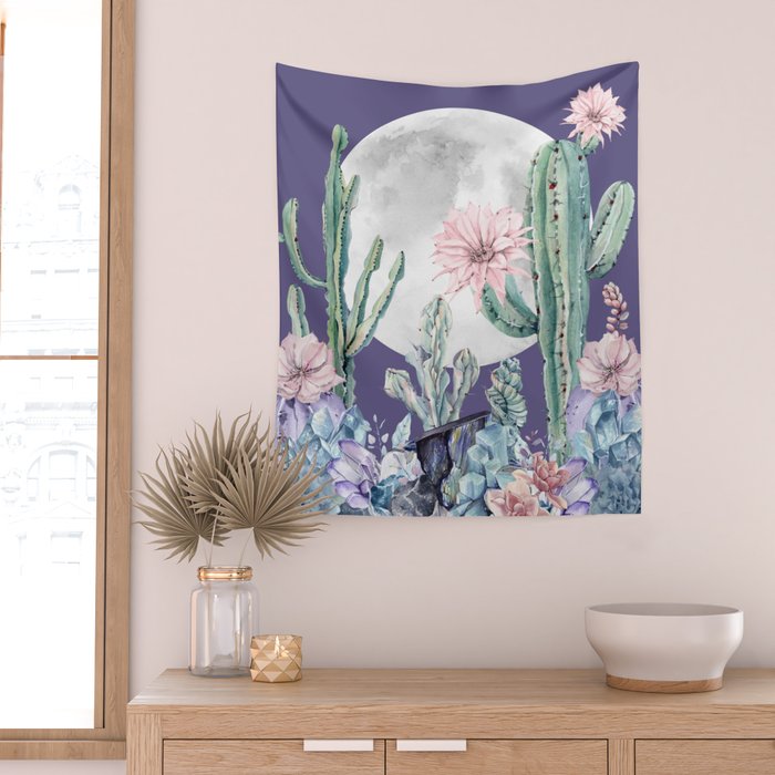 Desert Cactus Full Moon Succulent Garden on Purple Wall Tapestry Gallery Image 2