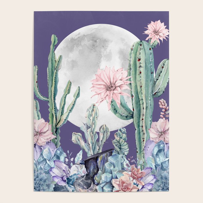 Desert Cactus Full Moon Succulent Garden on Purple Poster Gallery Image 1