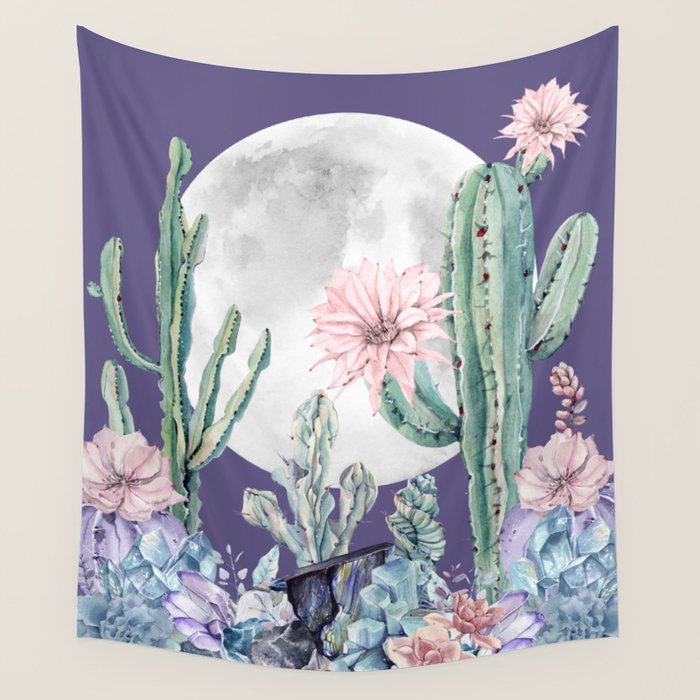 Desert Cactus Full Moon Succulent Garden on Purple Wall Tapestry Gallery Image 1