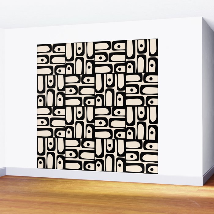 Mid Century Modern Piquet Abstract Multi Geometric Pattern in Black and Almond Cream Wall Mural Gallery Image 2