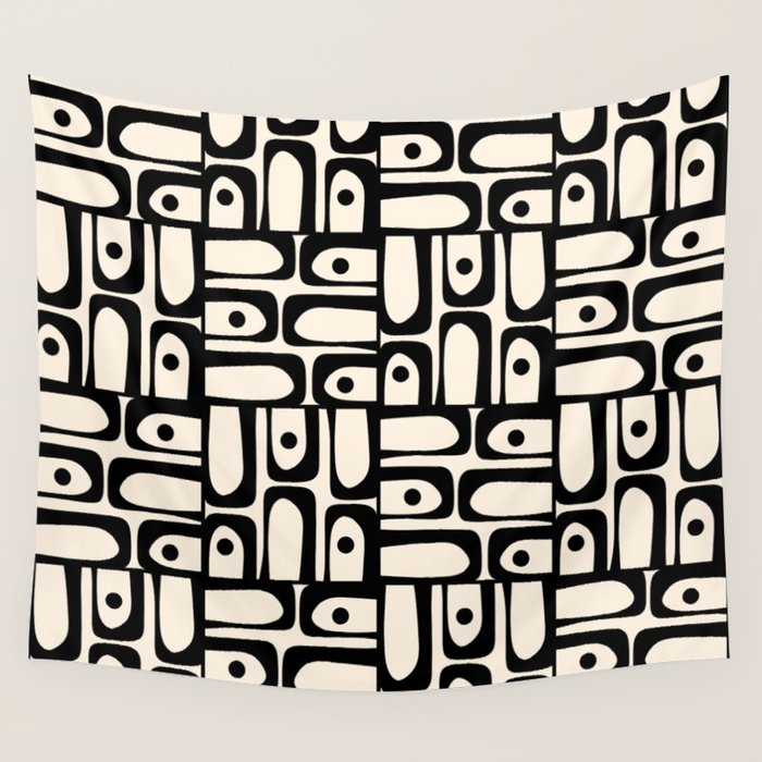 Mid Century Modern Piquet Abstract Multi Geometric Pattern in Black and Almond Cream Wall Tapestry Gallery Image 4