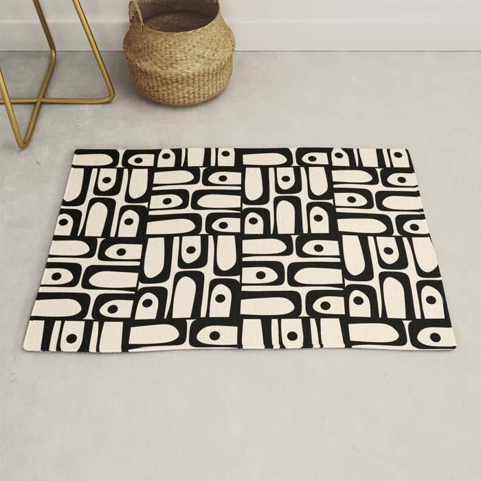 Mid Century Modern Piquet Abstract Multi Geometric Pattern in Black and Almond Cream Rug Gallery Image 1