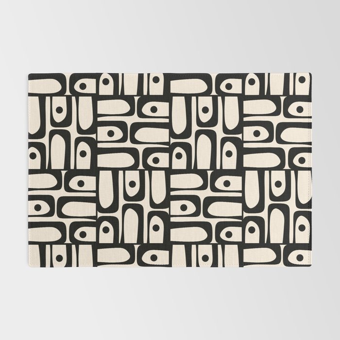 Mid Century Modern Piquet Abstract Multi Geometric Pattern in Black and Almond Cream Rug Gallery Image 2