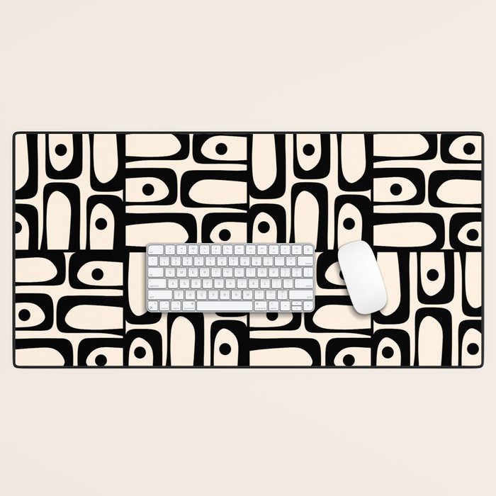 Mid Century Modern Piquet Abstract Multi Geometric Pattern in Black and Almond Cream Desk Mat Gallery Image 1