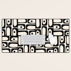 Mid Century Modern Piquet Abstract Multi Geometric Pattern in Black and Almond Cream Desk Mat Gallery Image 1