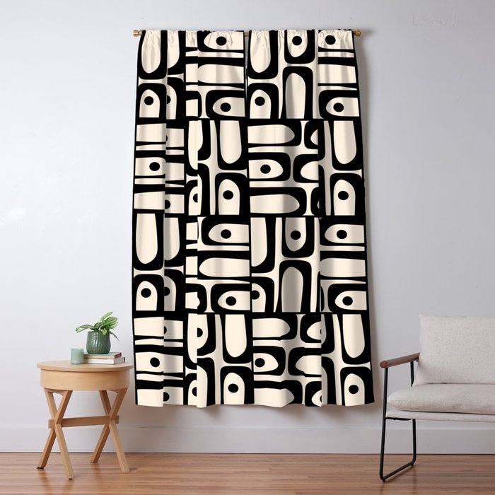 Mid Century Modern Piquet Abstract Multi Geometric Pattern in Black and Almond Cream Window Curtain Gallery Image 1