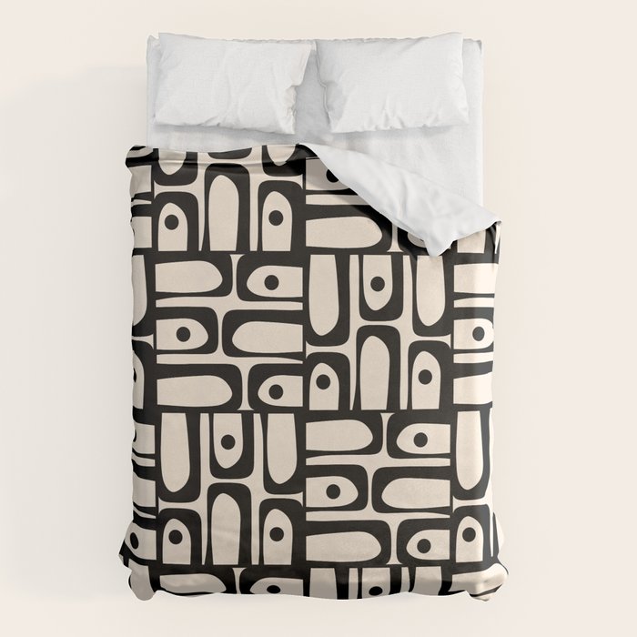 Mid Century Modern Piquet Abstract Multi Geometric Pattern in Black and Almond Cream Duvet Cover Gallery Image 1