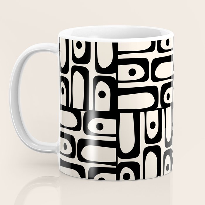 Mid Century Modern Piquet Abstract Multi Geometric Pattern in Black and Almond Cream Coffee Mug Gallery Image 3