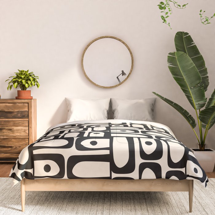 Mid Century Modern Piquet Abstract Multi Geometric Pattern in Black and Almond Cream Comforter Gallery Image 3