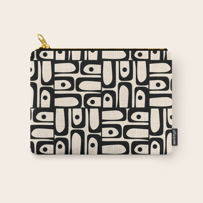 Mid Century Modern Piquet Abstract Multi Geometric Pattern in Black and Almond Cream Carry All Pouch Gallery Image 1