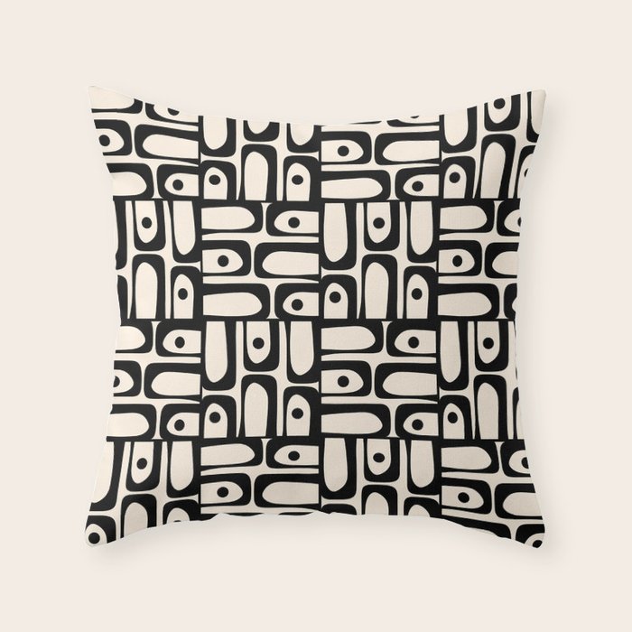 Mid Century Modern Piquet Abstract Multi Geometric Pattern in Black and Almond Cream Throw Pillow Gallery Image 6