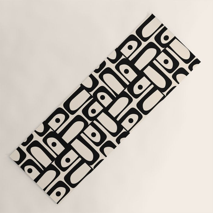 Mid Century Modern Piquet Abstract Multi Geometric Pattern in Black and Almond Cream Yoga Mat Gallery Image 1