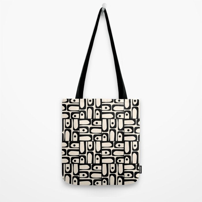 Mid Century Modern Piquet Abstract Multi Geometric Pattern in Black and Almond Cream Tote Bag Gallery Image 2