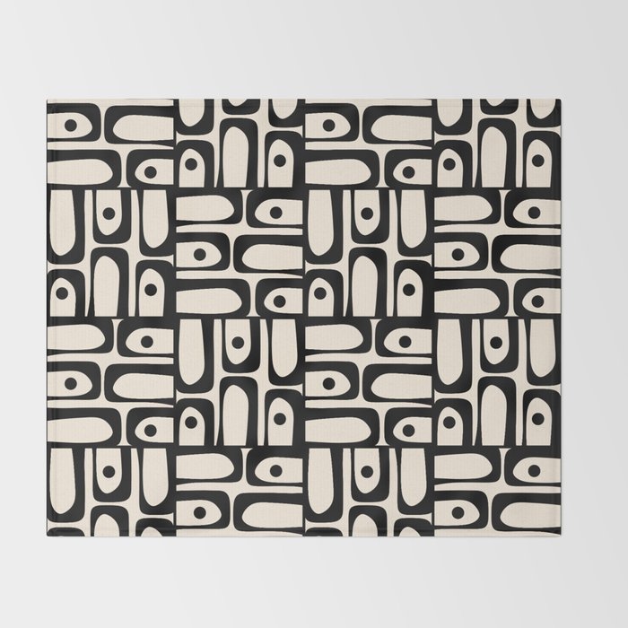 Mid Century Modern Piquet Abstract Multi Geometric Pattern in Black and Almond Cream Throw Blanket Gallery Image 2